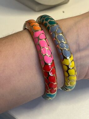 Animal print fun color enamel follicle hinged bangles set of 2